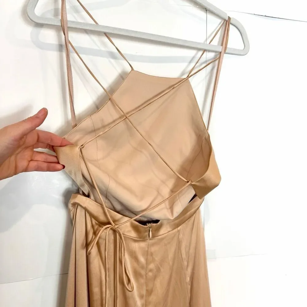 NWT Fame And Partners Maxi Dress Womens 2 Gold Beige Open Criss Cross Back Gown